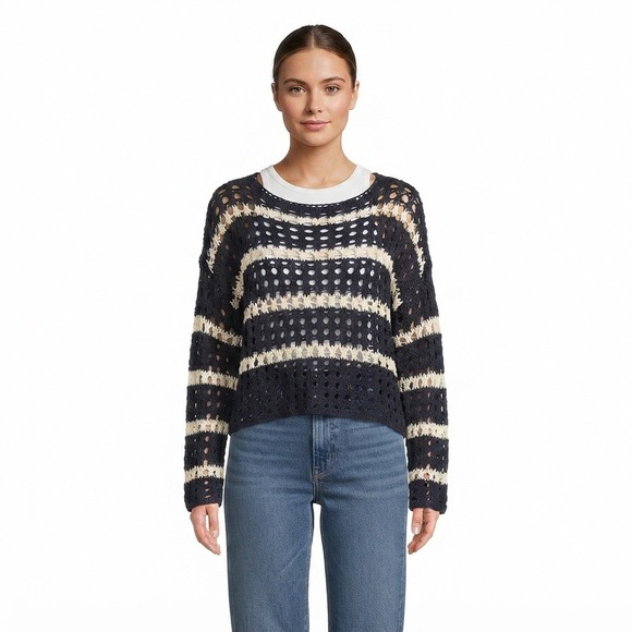Arizona Jean Co Sweaters - Arizona Jean Co Sweater Womens XL Crochet Navy Blue Cream Striped Open Knit